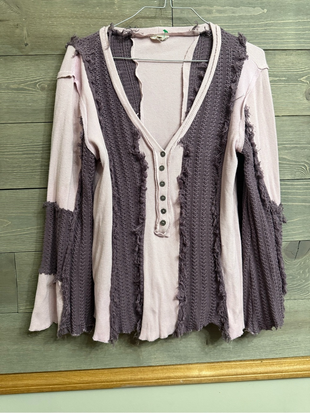 POL Two-Tone Textured Henley Blouse in Light Pink and Mauve